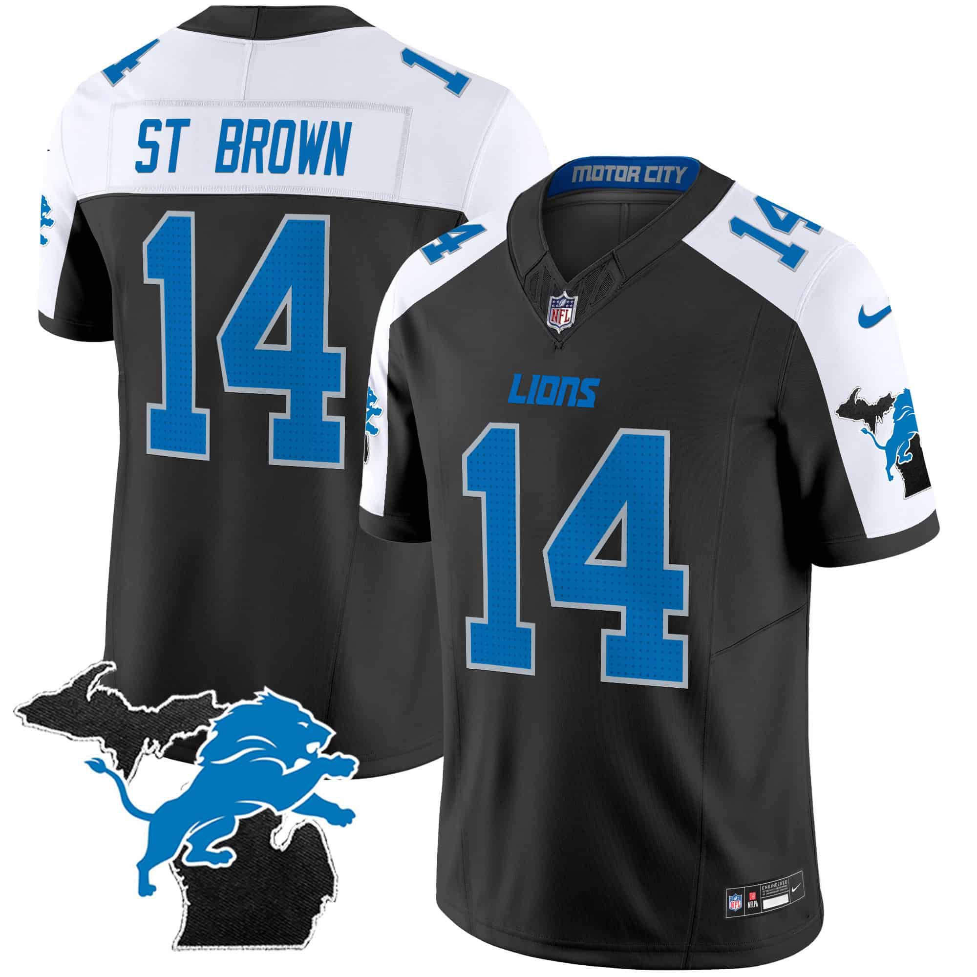 Men Detroit Lions 14 ST Brown Black 2024 Nike Michigan Patch Vapor Limited NFL Jersey